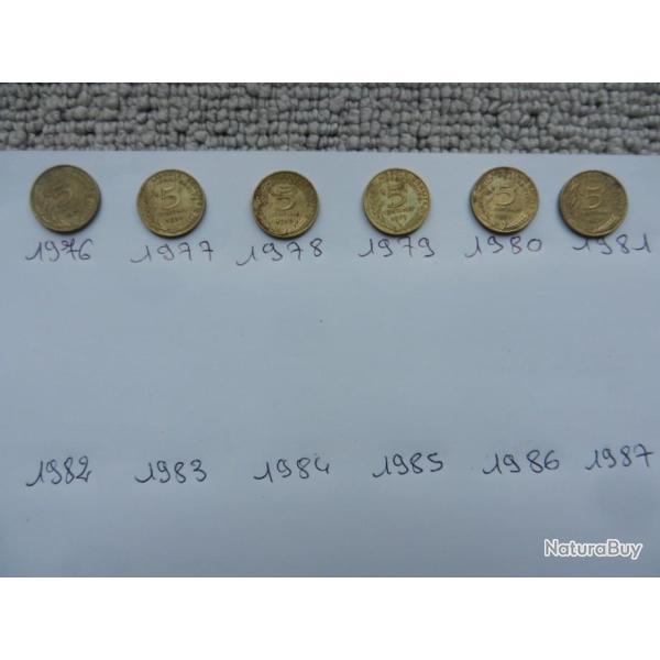 lot pi�ces de monnaie de 5 centimes de 1976 � 1981