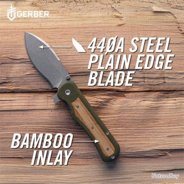 Couteau Gerber Confidant OD Green Lame Drop Point Acier 440 Manche G10/Bamboo Linerlock G1066475