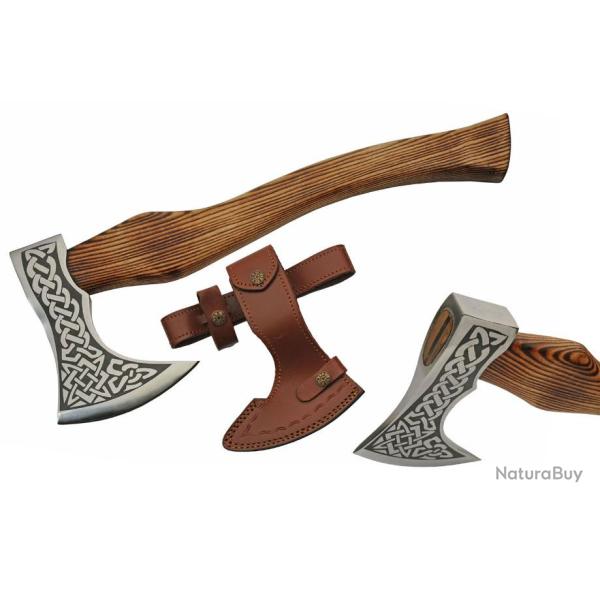 Hache de Viking Celtic Knot Sailor Axe Lame Acier Inox Manche Bois Etui Cuir PA882453
