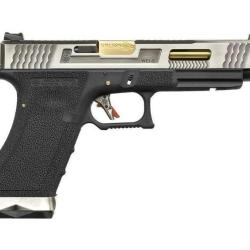 PRE COMMANDE GLOCK34 SILVER SLIDE&GOLD BARREL WE CUSTOM AVEC FIBRE OPTIQUE PHOSPHORESCENT BY PNA!