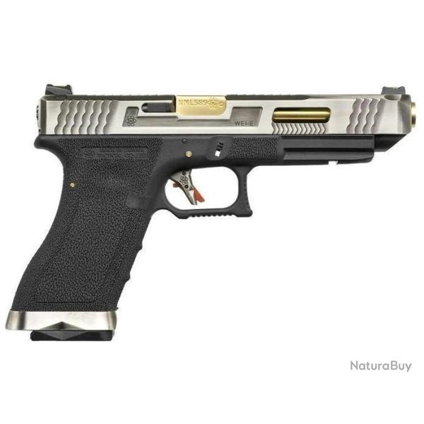 PRE COMMANDE GLOCK34 SILVER SLIDE&GOLD BARREL WE CUSTOM AVEC FIBRE OPTIQUE PHOSPHORESCENT BY PNA!