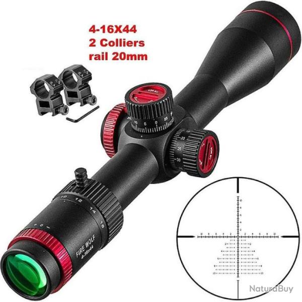 Lunette de vise QZ 4-16x44 FFP +2Colliers Rail 20MM Rticule FFP +Paresoleil Tir Tactique Fire Wolf