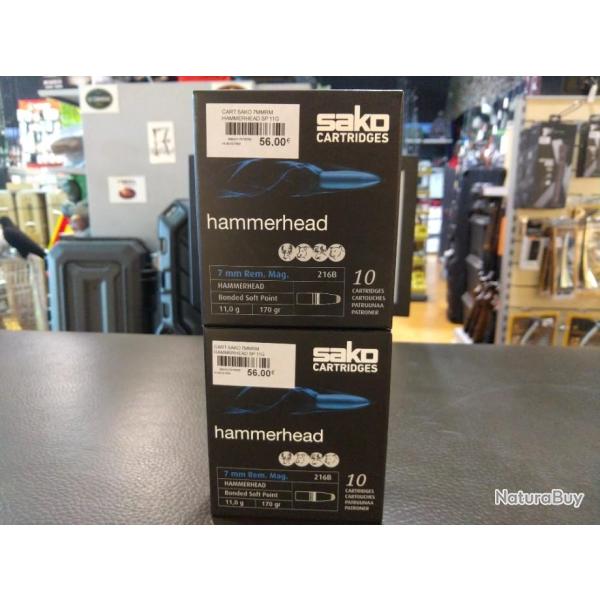 Lot de deux bo�tes de balles sako hammerhead calibre 7 mm rem mag bonded soft point 11.0g 170gr