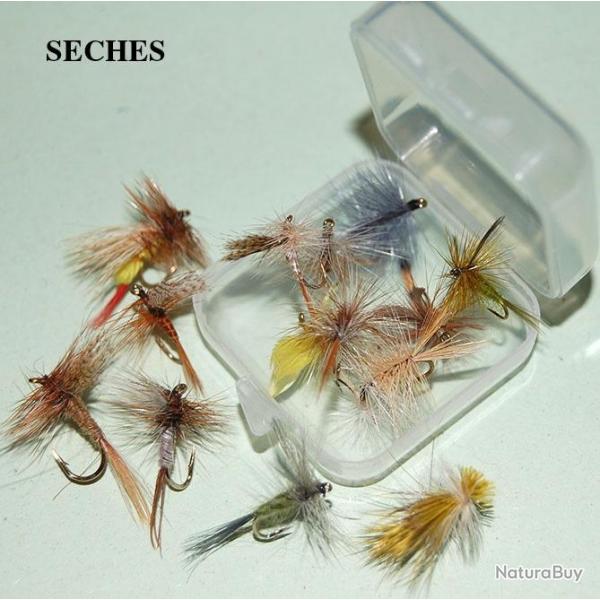 LOT DE 15 MOUCHES SECHES ASSORTIES SUR HAMECON DE 14