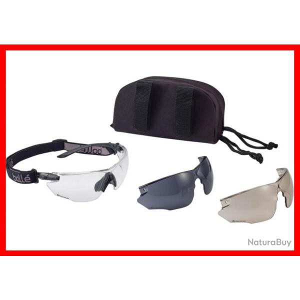 LUNETTES BOLLE COMBAT KIT INCOLORE AVEC DEUX ECRANS, HARNAIS ET HOUSSE