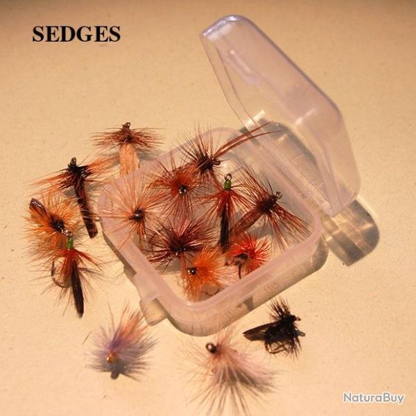 LOT DE 15 MOUCHES SEDGES ASSORTIES SUR HAMECON DE 14
