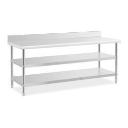 Table de travail acier inoxydable avec dosseret - 200 x 70 x 16,5 cm - 235 kg - 2 tablettes 14_0007