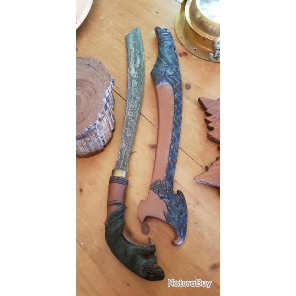 Golok traditionnel ethnique indon�sien artisanal lame pamor forge et ouvrag�, machette, parang.