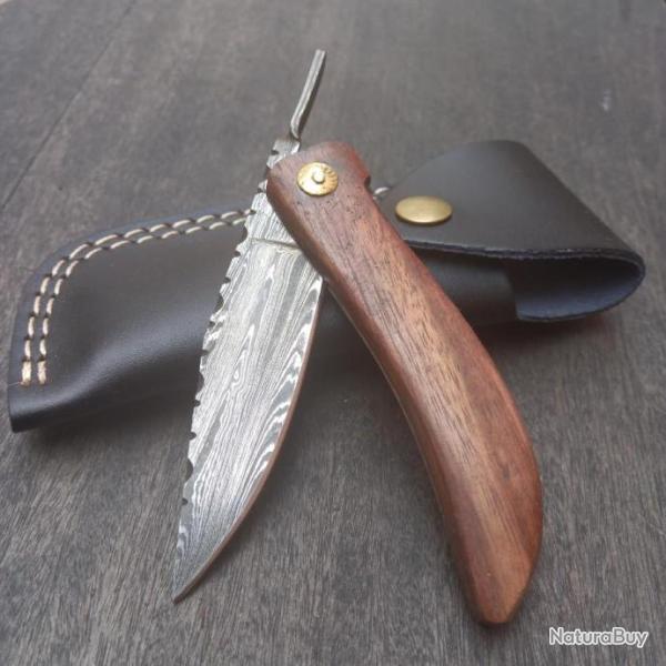 Couteau Pi�montais Damas Manche en Bois avec �tui en cuir noir