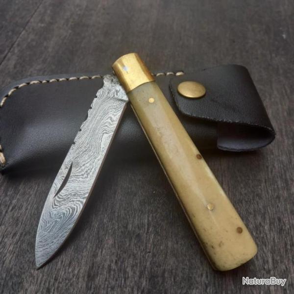 Couteau pliant Damas Manche en Os avec �tui en cuir noir