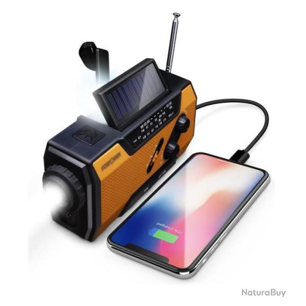 Radio Solaire Portable AM FM NOAA Batterie 2000mAh Manivelle Alarme SOS Mto LED Chargeur Randonne