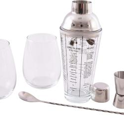 Kit Cocktail Complet 5 pcs Doseur Cuill&egrave;re Shaker Boston 2 Verres Cadeau Fete