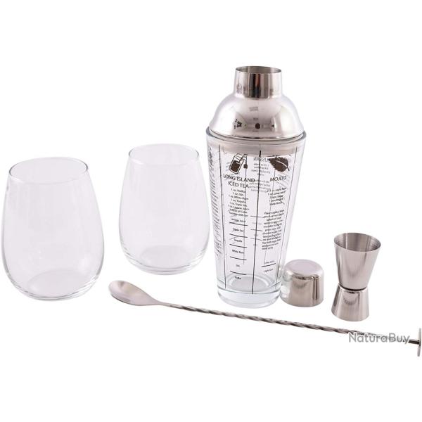 Kit Cocktail Complet 5 pcs Doseur Cuill�re Shaker Boston 2 Verres Cadeau Fete