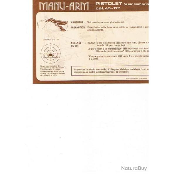 notice pistolet MANUARM 4.5 AIR COMPRIME (envoi par mail) - VENDU PAR JEPERCUTE (m1593)