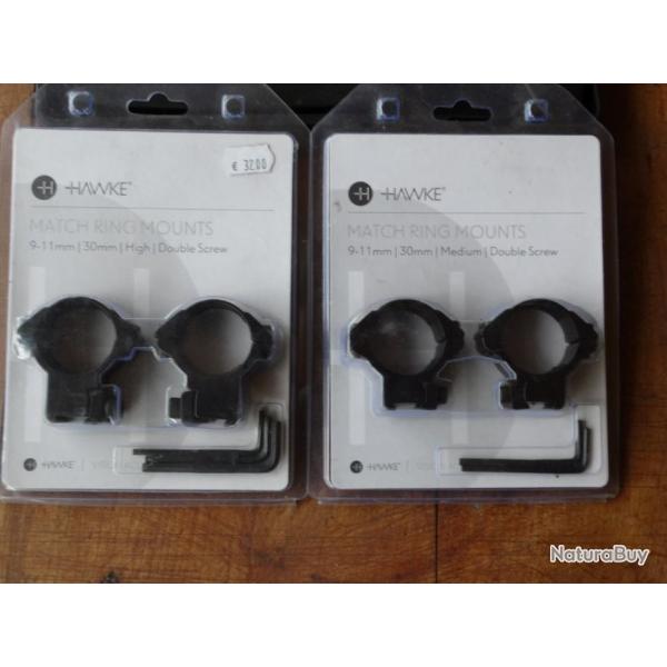 Deux Paires de colliers HAWKE MATCH RING MOUNTS 30 mm rail 9-11mm