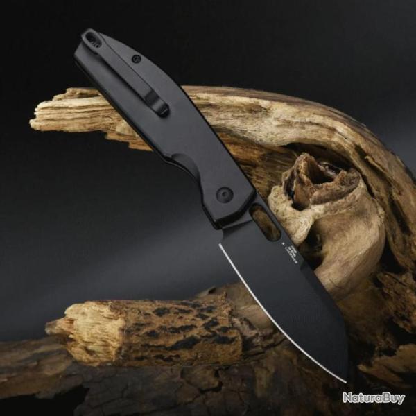 Couteau CJRB Ekko Black Lame Sheepsfoot Acier AR-RPM9 Manche Acier IKBS Button Lock Clip J1929BBST