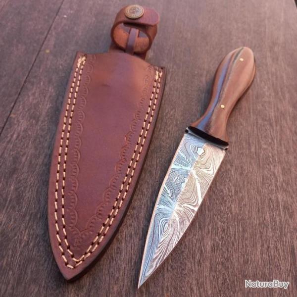 Couteau Damas Dague Double tranchants Manche en Bois avec �tui en cuir marron