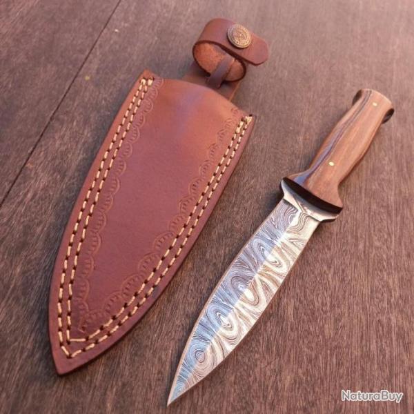 Couteau Damas Dague Manche en Bois avec �tui en cuir marron