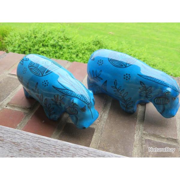 Paire de Sculptures "William l'hippopotame" en c�ramique bleu �mailler, Mus�e d'art moderne (XX�me)