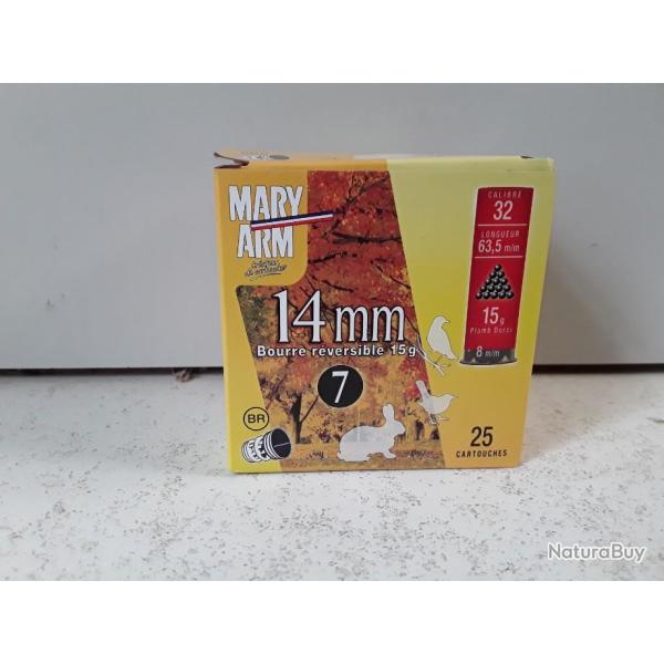 1  BOITE DE 25 CARTOUCHES MARY ARM CAL14MM BOURRE REVERSIBLE 15G PLOMBS 4 OU 6