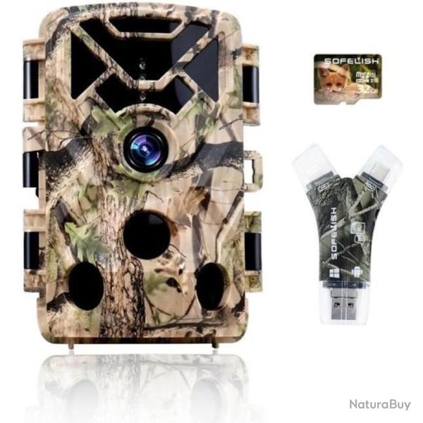 Cam�ra Chasse 4K 24MP + Carte M�moire & Lecteur Carte 42pcs 850nm LED + 3 capteurs infrarouge