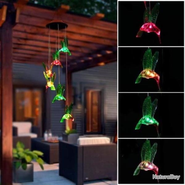 Carillon � vent Solaire Colibris LED Lumi�re Changeant de Couleur Lampe Solaire Oiseau-mouche