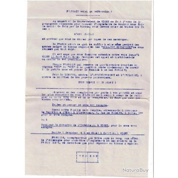 TRACT propagande referendum vichy copie carbone d'�poque 21 x 29.7 -