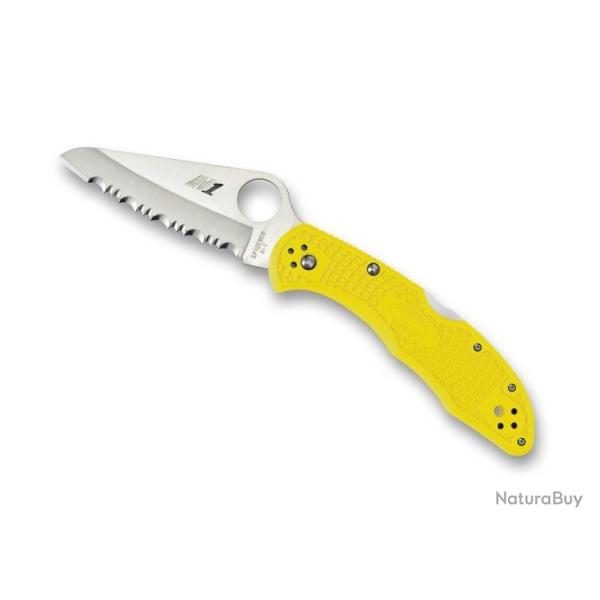 COUTEAU FERMANT SPYDERCO "SALT 2" LAME A DENTS ACIER MANCHE JAUNE