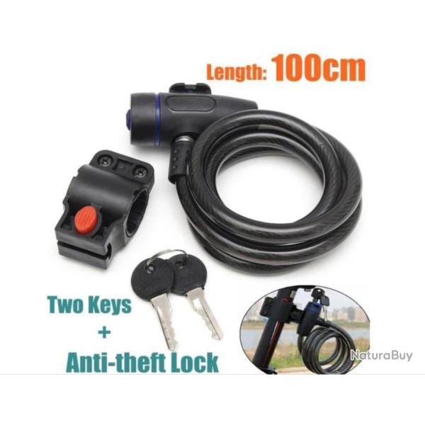 Antivol Cadenas Spirale C�ble 100 cm X 1,2 cm pour VTT V�lo Moto Scooter