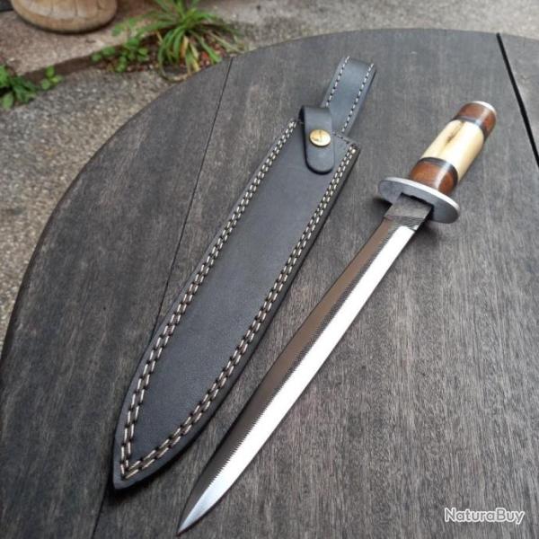 Couteau �p�e double tranchants LIME Manche en Os et Bois avec �tui en cuir