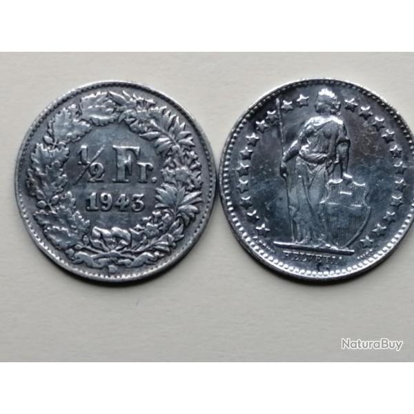 SUISSE = PIECE DE MONNAIE DE 1/2 FRANC DE 1943 EN ARGENT