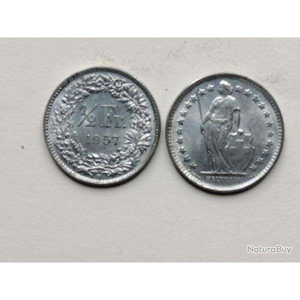SUISSE = PIECE DE MONNAIE DE 1/2 FRANC DE 1957 EN ARGENT