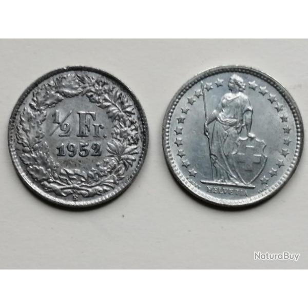 SUISSE = PIECE DE MONNAIE DE 1/2 FRANC DE 1952 EN ARGENT
