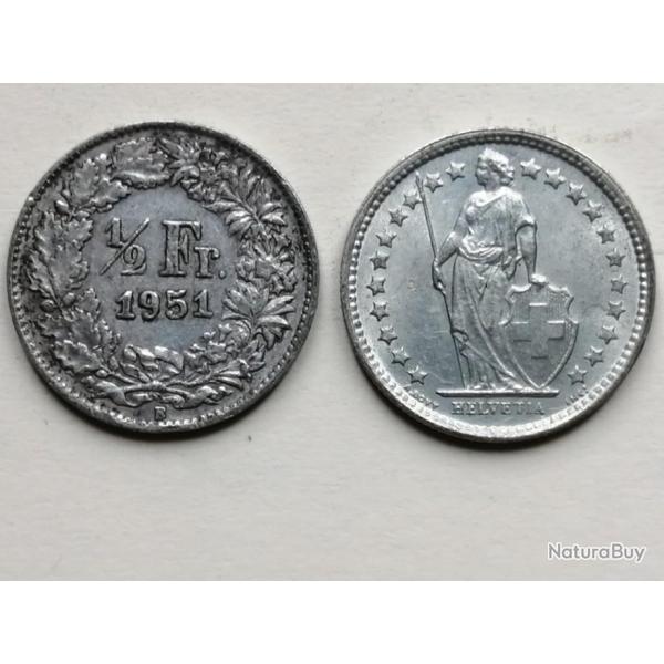 SUISSE = PIECE DE MONNAIE DE 1/2 FRANC DE 1951 EN ARGENT