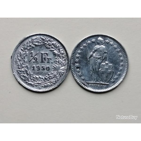 SUISSE = PIECE DE MONNAIE DE 1/2 FRANC DE 1950 EN ARGENT
