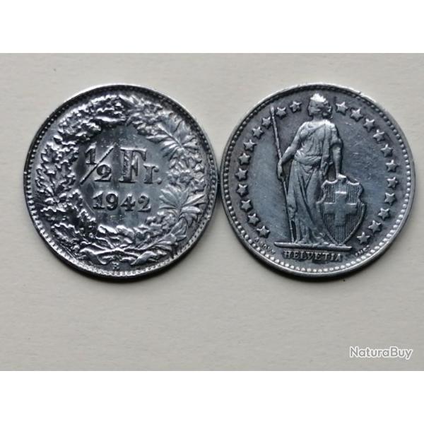 SUISSE = PIECE DE MONNAIE DE 1/2 FRANC DE 1942 EN ARGENT
