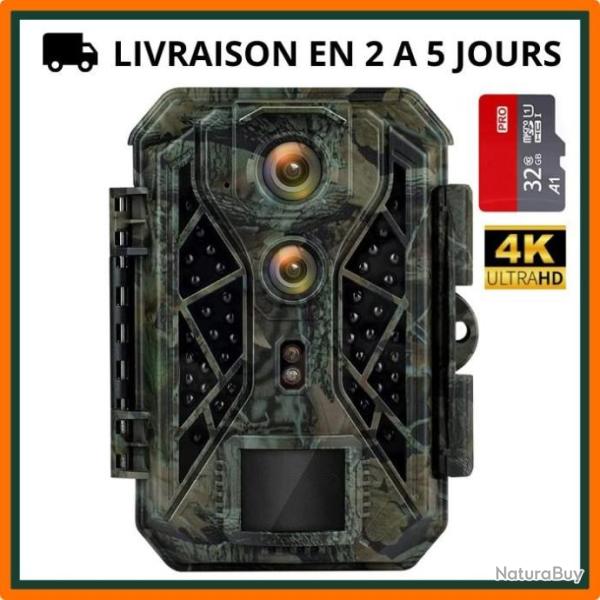 Cam�ra de chasse 4K 32MP - 0,1s de d�clanchement - 42 LED - 25m - Carte 32GB - Livraison gratuite