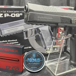 Pack pr&ecirc;t &agrave; tirer Pistolet CZ P-09 "Couleur Noir M&eacute;tal" - Plombs ou BB'S - Blowback + Plombs + CO2