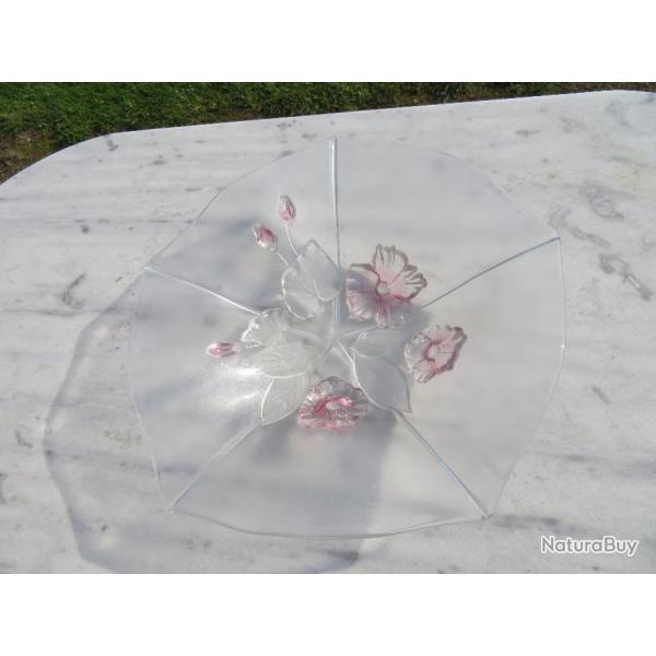 Grand plat en verre � d�cor de fleurs en relief et en couleur - (Vintage des ann�es 1970-80)