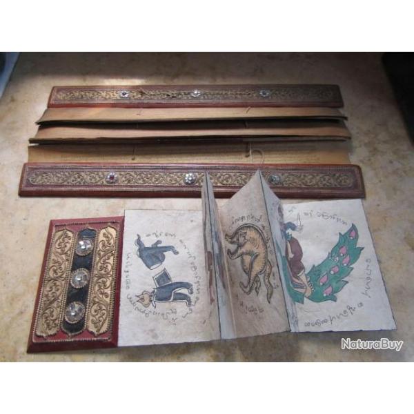 2 LIVRES PRIERE BOUDDHISTE Bouddha XIX �criture PALI Birman Inde Indou palmier Kammavaka ganesh