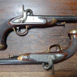 Rare paire Pistolets de cavalerie à silex transformé percussion - officier 1816 1822 Maubeuge - TBE