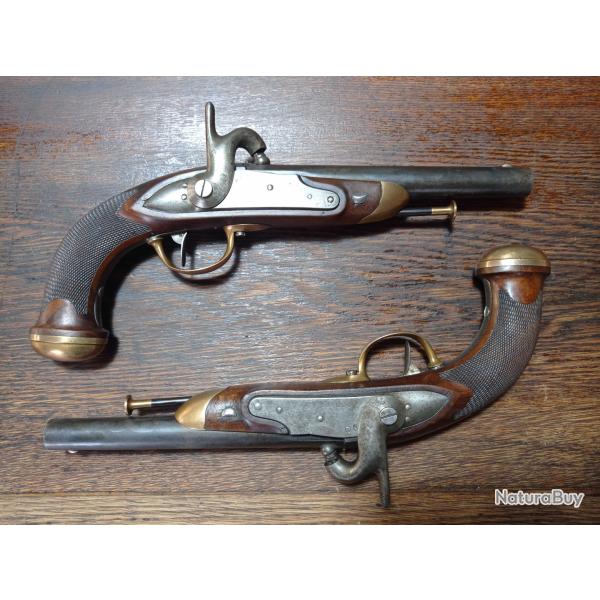 Rare paire Pistolets de cavalerie  silex transform percussion - officier 1816 1822 Maubeuge - TBE
