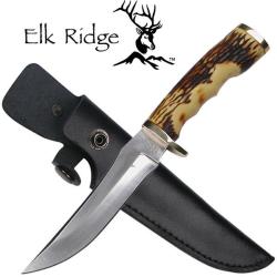 Couteau Elk Ridge Skinner Lame Acier 3Cr13 Manche Fa&ccedil;on Corne Etui Cuir ER027