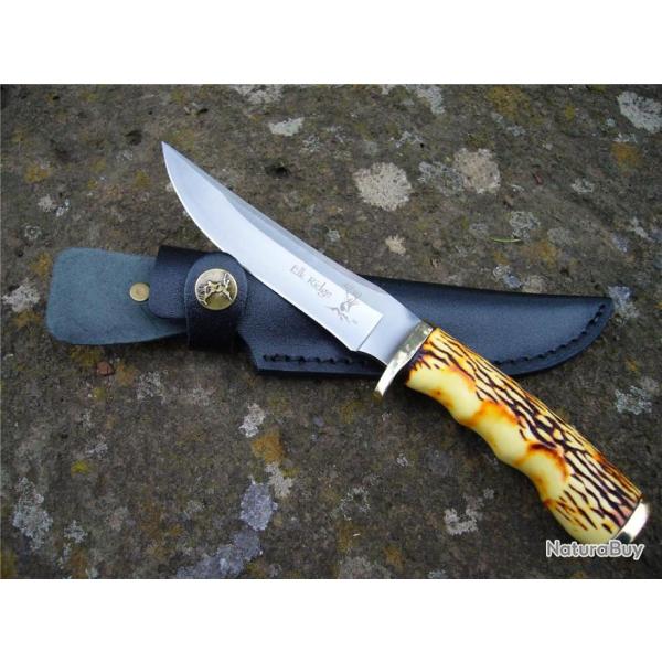 Couteau Elk Ridge Skinner Lame Acier 3Cr13 Manche Fa�on Corne Etui Cuir ER027