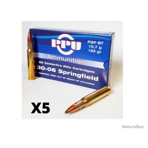 Lot de 5 botes de 20 Cartouches Partizan Cal. 30-06 Springfield - 165 Grains PSP BT