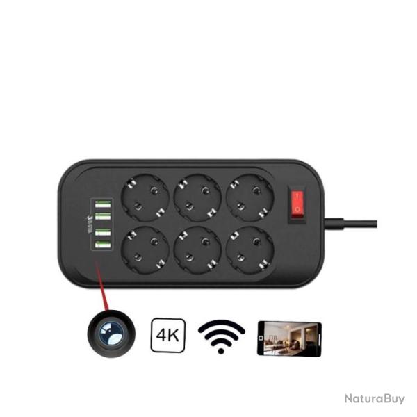 Multiprise noire Camra Ultra HD 4K WIFI avec recharges Usb dtection de mouvement, slot SD et accs