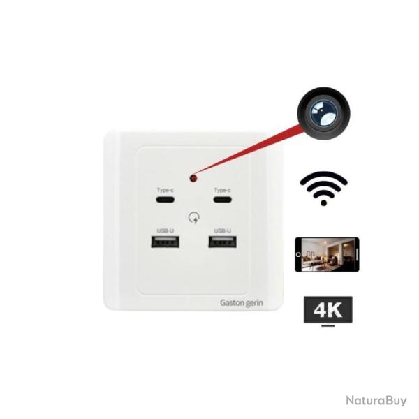 Prise Murale Cam�ra  4K WIFI Recharge USB-C et USB-U Blanche avec D�tection de mouvement