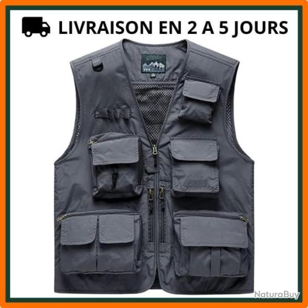 Gilet en mailles multipoches pour chasse, p�che, randonn�e - Gris - Livraison gratuite