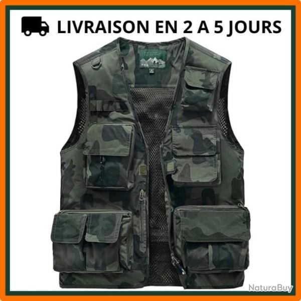 Gilet en mailles multipoches pour chasse, p�che, randonn�e - Camouflage - Livraison gratuite