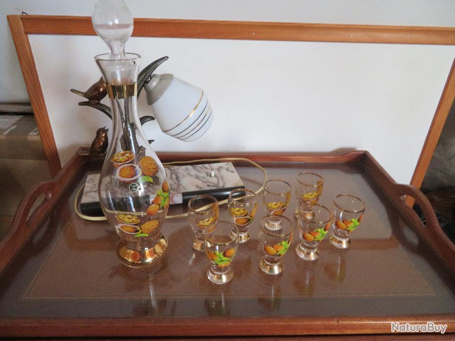 Service à Liqueur Ancien - Carafe + 8 Verres - Doré Et Verre - Occasion